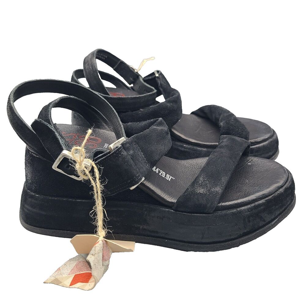 A.S.98 Ronney black suede padded wedge platform ankle strap sandals sz 7 37 new